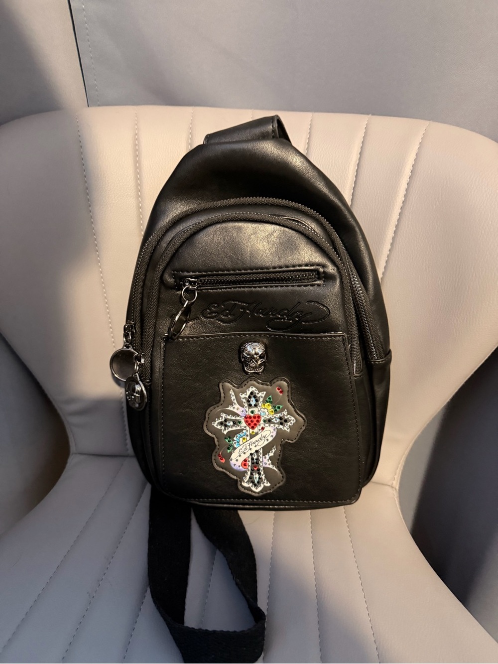 Ed Hardy Black Leather Sling Bag with Multicolor Embroidered Patch